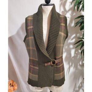 Vtg Chaps x Ralph Lauren Knit Shawl Collar Plaid Buckle Sweater Vest Size M Prep
